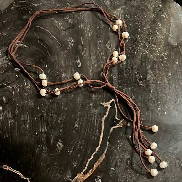 Multi strand leather and pearl necklace by Jennifer Miller